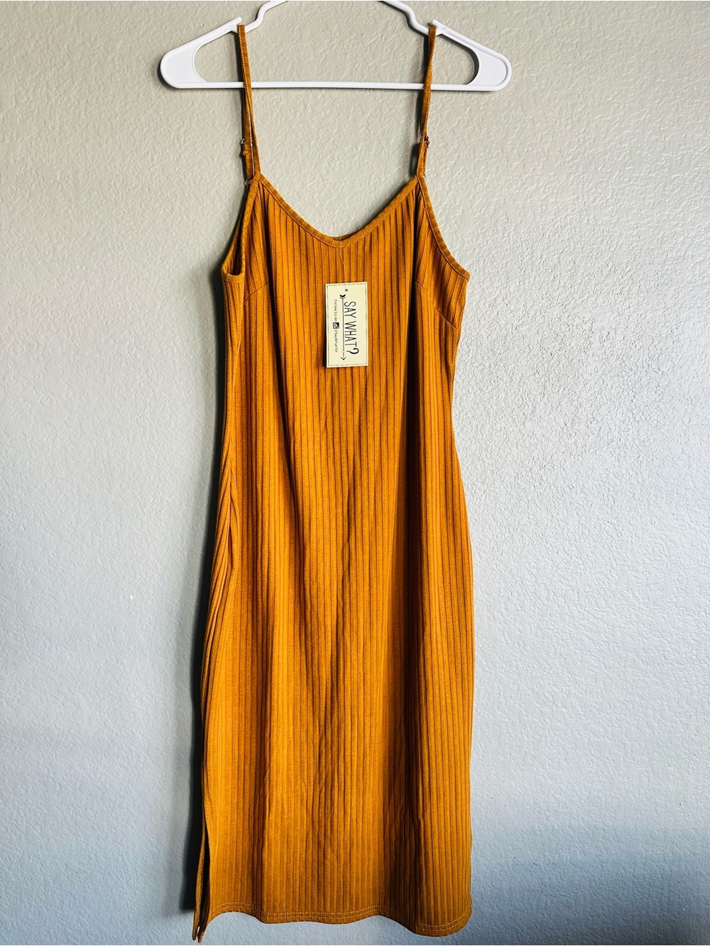 Say What? Ribbed Slip Midi Dress in Mustard